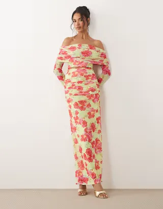 AFRM mesh foldover off the shoulder crop top and mesh maxi skirt set in lime and pink floral
