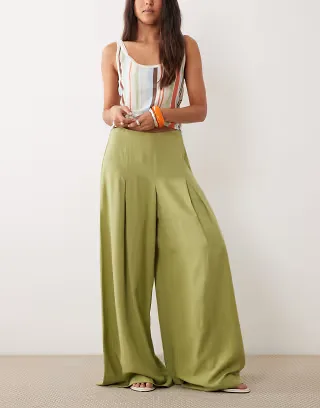 ASOS DESIGN pleated wide leg pants in olive