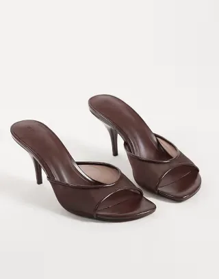 ASOS DESIGN Hooray mid heeled mules in chocolate mesh