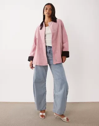 Nobody's Child Freddie corduroy contrast collar rolled cuff detailing barn jacket in pink