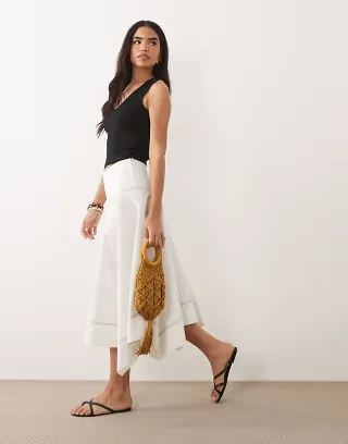 ASOS DESIGN dropped waist contrast stitch volume midi skirt