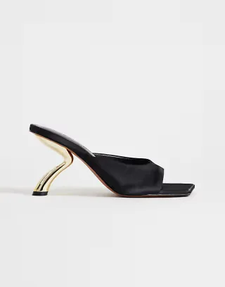 Topshop Nicole angular mid heel mules in black satin