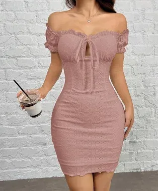 SHEIN Off-Shoulder Puff Sleeve Slim Fit Bodycon Mini Dress