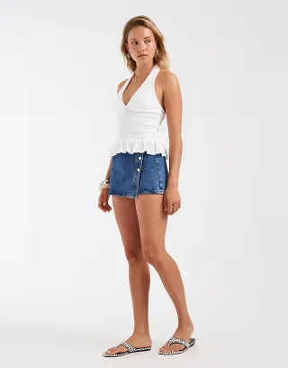 ASOS DESIGN denim wrap skort in midwash blue