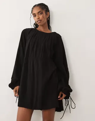 ASOS DESIGN crew neck mini dress with ruched waist channel and blouson sleeves in black