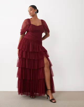 Lace & Beads Plus tulle fallen shoulder asymmetric ruffle detailing maxi dress in dark pink