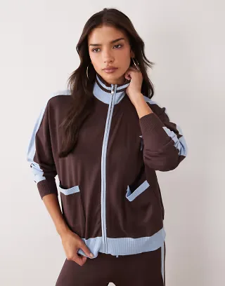 Kaiia exclusive knitted high neck zip through cardigan set in dark brown and blue