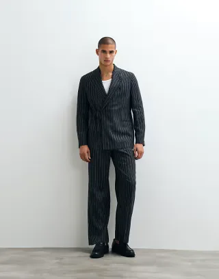 ASOS DESIGN wide linen rich suit in navy pinstripe