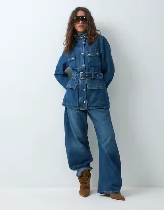 ASOS DESIGN funnel neck utility denim jacket with belt in blue mid wash