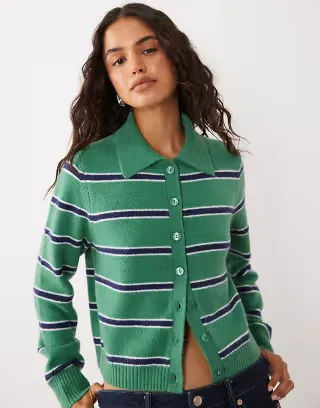 Abercrombie & Fitch cropped knit collar cardigan in green and white stripe