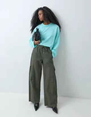 ASOS DESIGN pull on barrel trouser with panelling in washed khaki