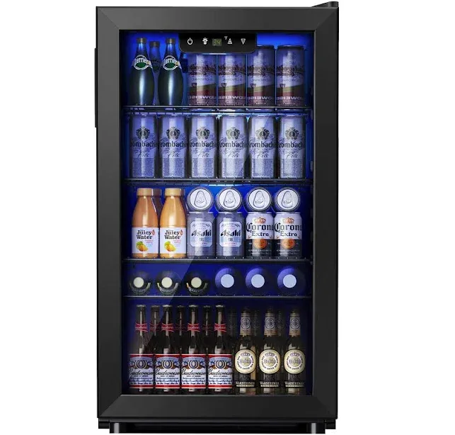 SIMZLIFE - 130 Can Beverage Refrigerator and Cooler with Glass Door for Home, 17.3 in D, 31.3 in H, 3.2 cubic feet - Bla