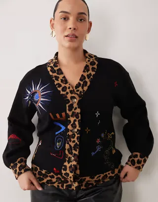 Never Fully Dressed Plus embroidered knit v-neck contrast trim cardigan in black