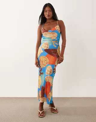 Never Fully Dressed Petite Patti satin cami bias maxi dress in shell print