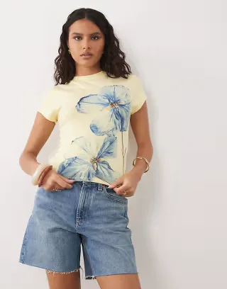 ASOS DESIGN baby tee with blue flower graphic in buttermilk