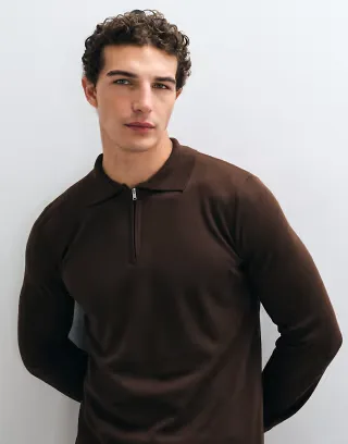 Brave Soul knitted 1/4 zip sweater with polo placket in chocolate brown