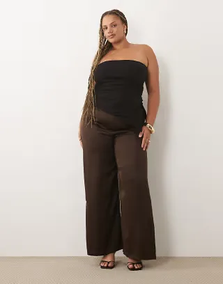 VILA Curve tie waist wide leg satin pants in chocolate brown