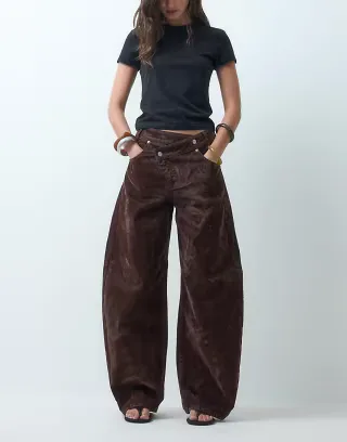 ASOS DESIGN wrap waist flocked barrel leg jeans in chocolate