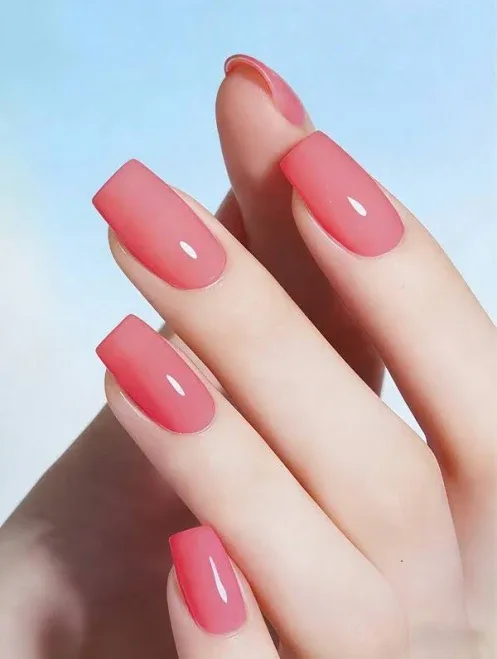 24pcs Baby Pink Short Square Press On Acrylic Nails Designs Solid Color Jelly Plain Simple False Nail Art Set For Party