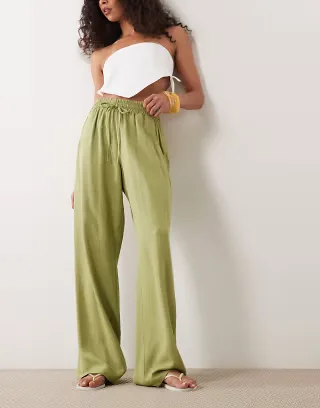 ASOS DESIGN linen blend wide leg pull-on pants in olive