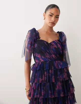 Lace & Beads Petite Bridesmaid bow shoulder tulle maxi dress in dark blue floral