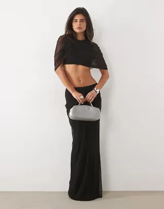 Missyempire mesh drape detail crop top and overlay drape detail maxi skirt set in black