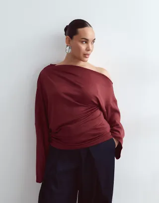 ARRANGE Curve jersey off shoulder wide sleeve top with ruched hem in burgundy