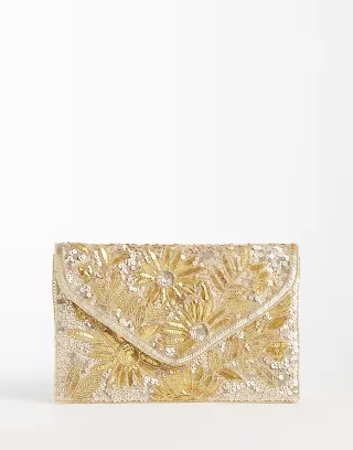 True Decadence envelope clutch bag in gold sequin