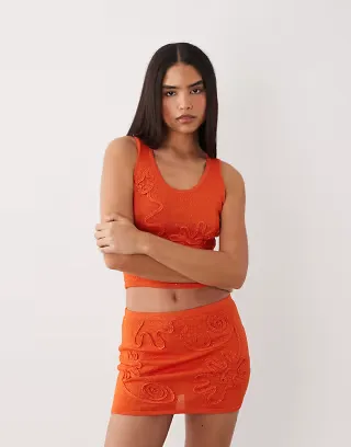 Wanderdoll Eliza metallic knit abstract detail mini skirt in orange - part of a set