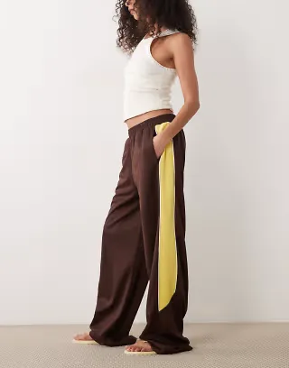 ASOS DESIGN piping detail wide leg tricot pants in chocolate