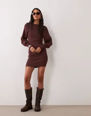 ASOS DESIGN structured volume sleeve mini dress in chocolate