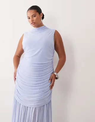 ASOS DESIGN Curve ruched dropped waist mesh maxi dress in baby blue