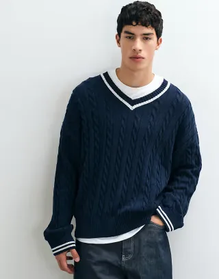 Reclaimed Vintage knit cotton blend V-neck sweater in navy