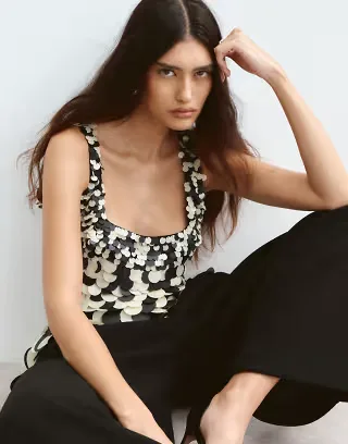 ARRANGE embellished disc sequin square neck top in black and white sequin