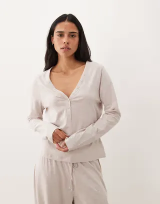 ASOS DESIGN mix & match long sleeve plunge henley pajama top in oatmeal heather