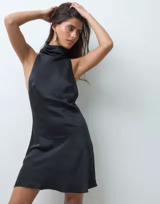 ASOS DESIGN satin halter mini dress with racer back in black