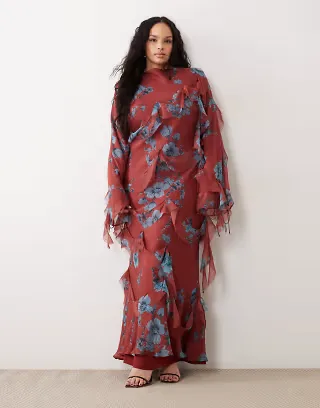 ASOS DESIGN Curve draped raw edge ruffle trim long sleeve maxi dress in floral print