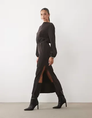 ASOS DESIGN soft cord slash neck belted maxi dress in chocolate