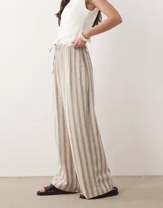 Abercrombie & Fitch tie waist linen blend pull on pants in beige stripe