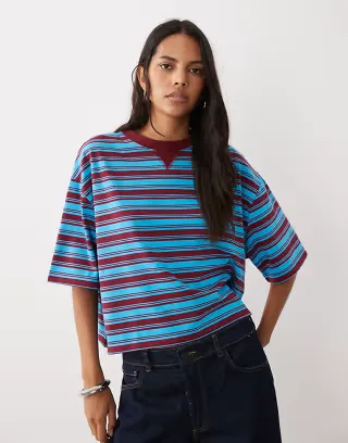 ASOS DESIGN striped boxy T-shirt in blue and burgundy