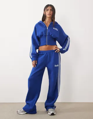Kaiia cotton rich extreme sleeve cinched waist zip through hoodie and sweatpants in cobalt and baby blue
