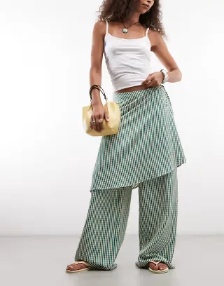 ASOS DESIGN straight leg pants with skirt detail in green check