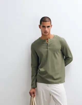 ARKET long sleeve henley top in khaki