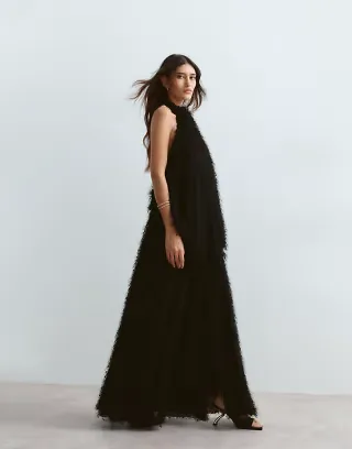 ARRANGE blouson halter maxi dress in in black all over texture