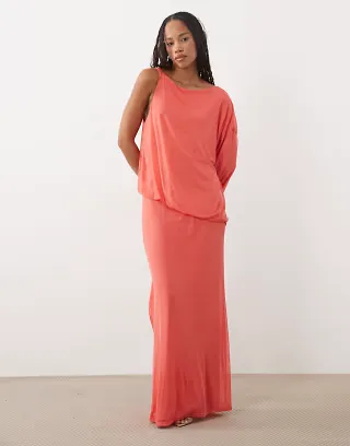ASOS DESIGN asymmetric blouson mesh maxi dress with extreme sleeve in coral