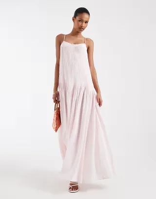 & Other Stories drop waist maxi dress with pleated skirt in light pink