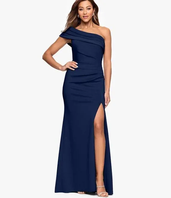 XSCAPE Women's One-Shoulder Pleat Long Dress