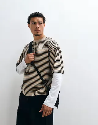ASOS DESIGN heavyweight boxy oversized T-shirt with double sleeves in beige striped print