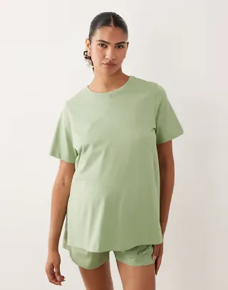 ASOS DESIGN Maternity mix & match cotton nursing pajama oversized tee with side slits in pistachio green