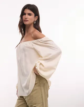 ASOS DESIGN off the shoulder long sleeve top in beige - part of a set